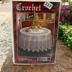NOS Beige Tablecloth Batten Fine Lace 100% Deluxe Vinyl Tablecloth 70” Round